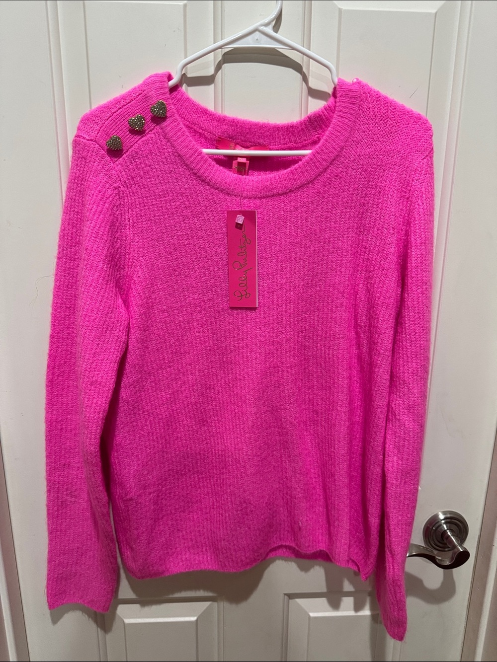 Lilly Pulitzer Hot Pink Button-Shoulder Crew Sweater